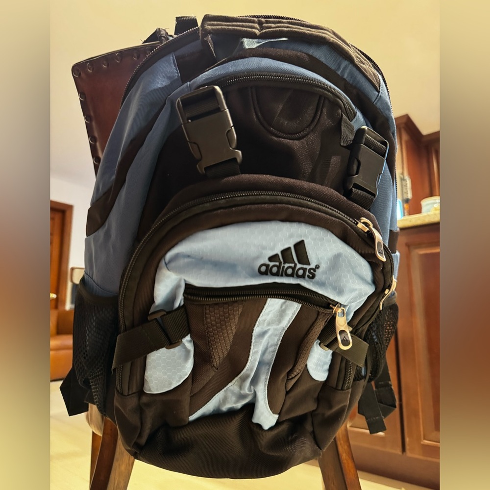 Blue and Black Backpack with Multiple Compartments